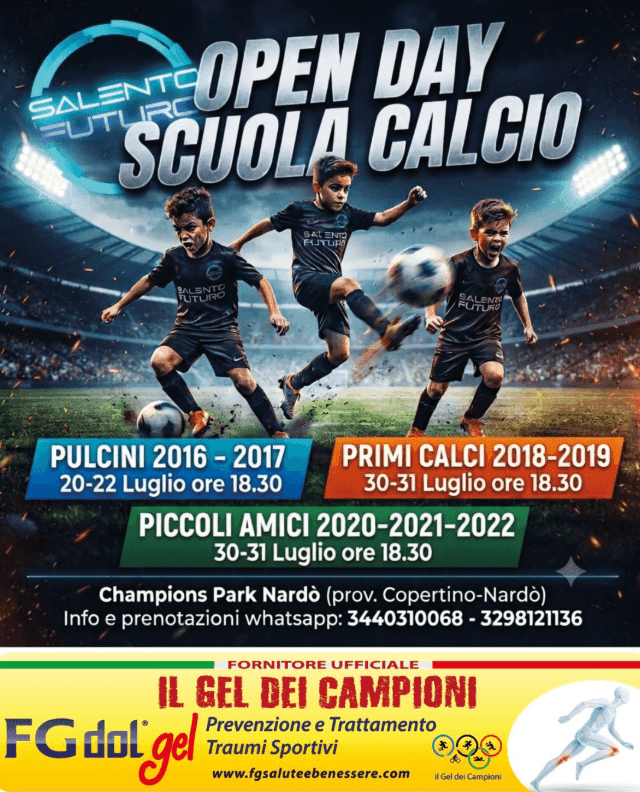 Open Day della scuola calcio Salento Futuro ASD a Champions Park, con date e orari per Pulcini, Primi Calci e Piccoli Amici